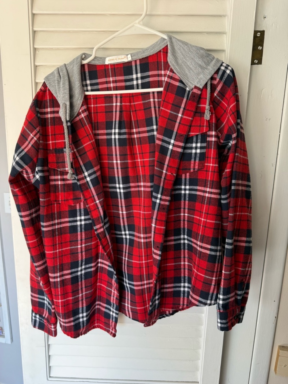 Red Plaid Hooded Flannel button up with hood
